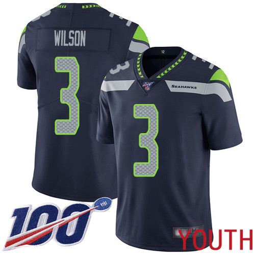 Seattle Seahawks Limited Navy Blue Youth Russell Wilson Home Jersey NFL Football 3 100th Season Vapor Untouchable